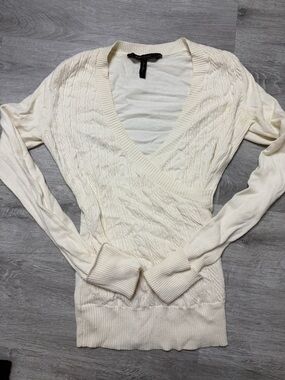 BCBGMaxAzria Ivory Cable-Knit V-Neck Wrap Sweater